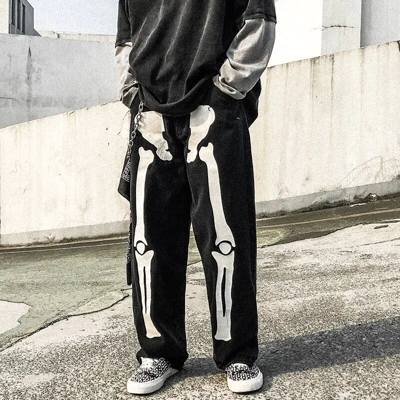 Wide Leg Skeleton Print Jeans Nestify