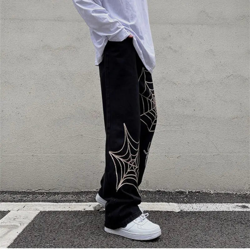 Men's Black Streetwear Spider Web Pants Nestify