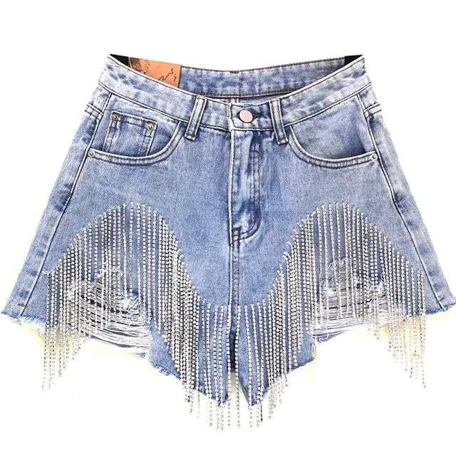 Tassel Rhinestone Denim Shorts Nestify