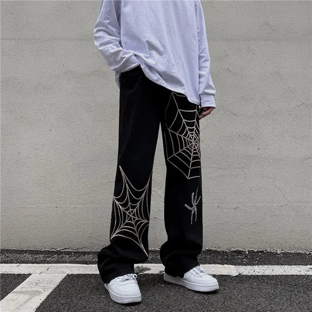 Men's Black Streetwear Spider Web Pants Nestify