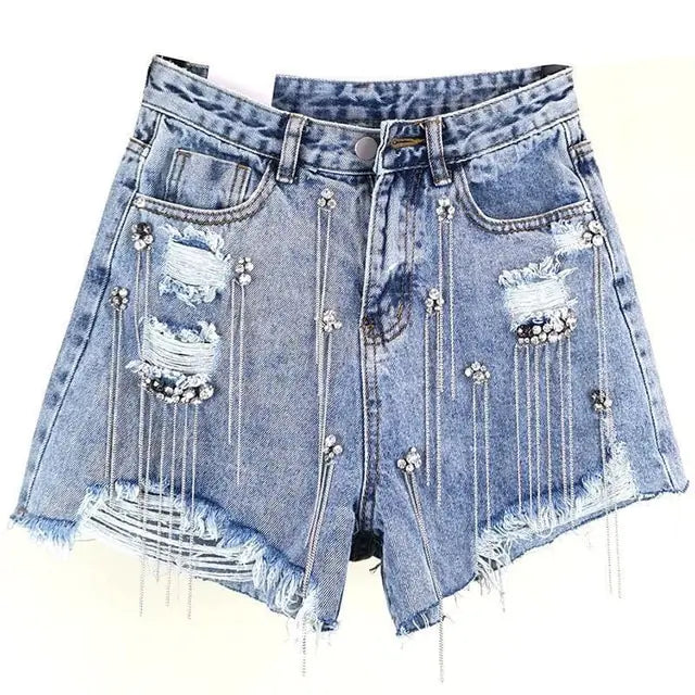 Tassel Rhinestone Denim Shorts Nestify