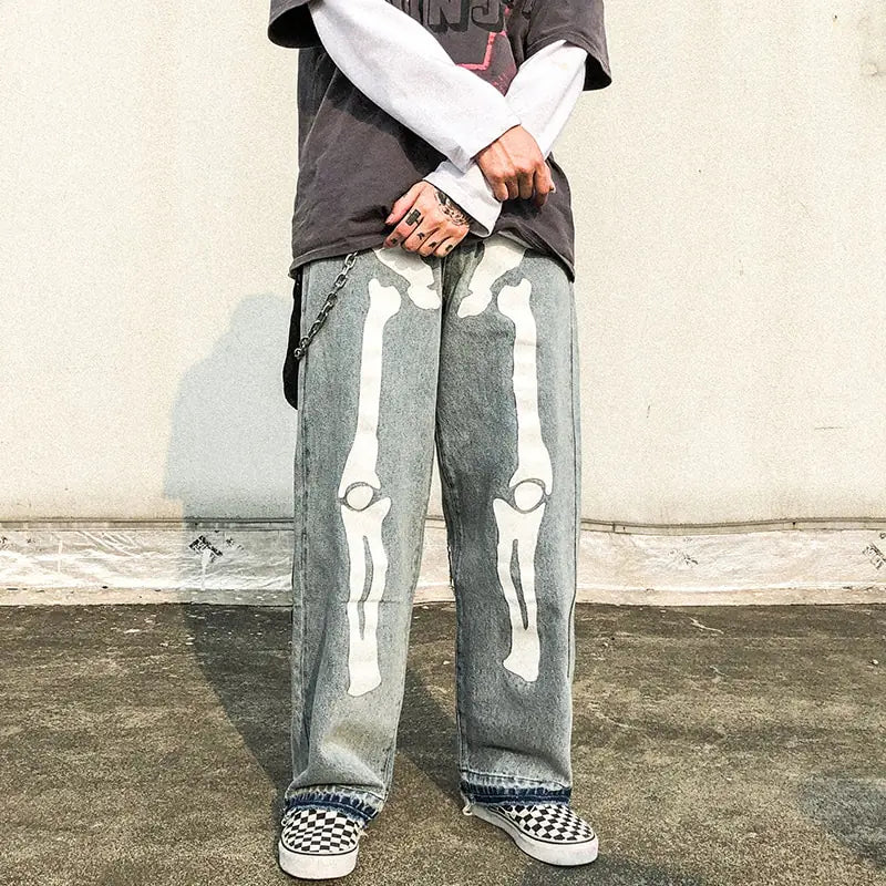 Wide Leg Skeleton Print Jeans Nestify