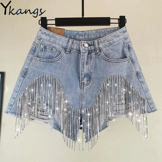 Tassel Rhinestone Denim Shorts Nestify