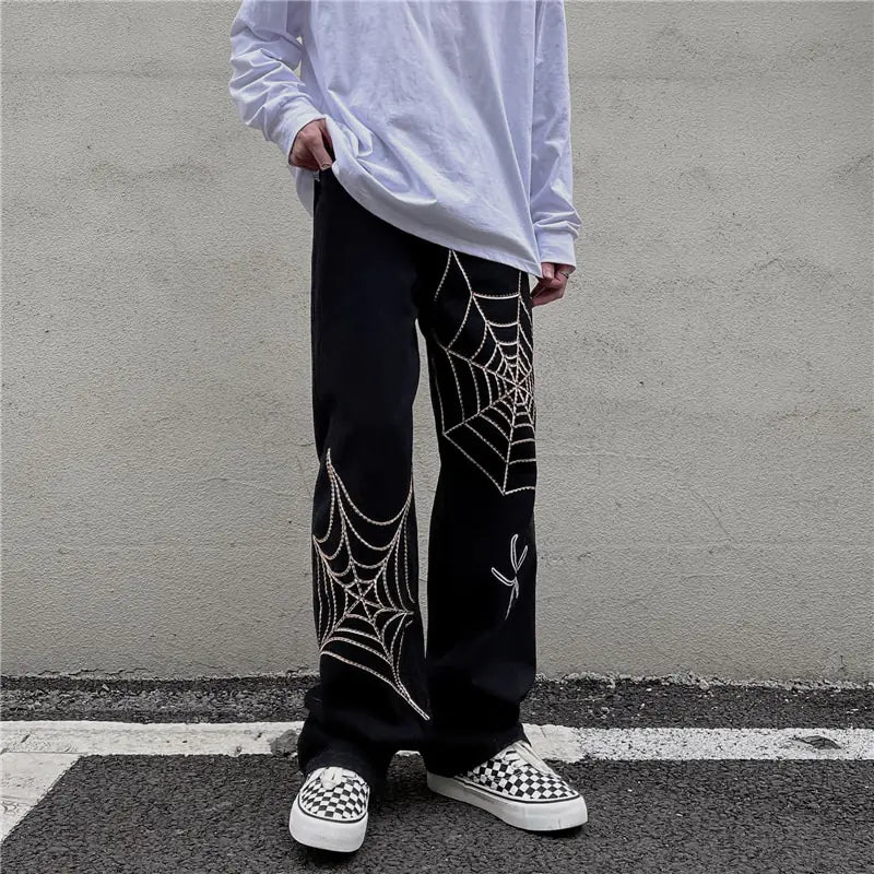 Men's Black Streetwear Spider Web Pants Nestify