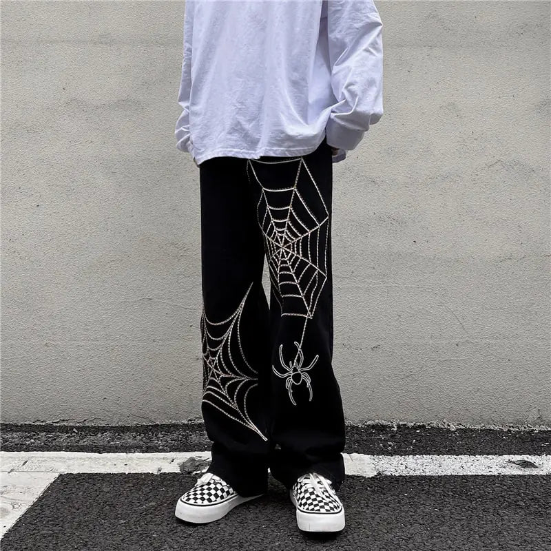 Men's Black Streetwear Spider Web Pants Nestify