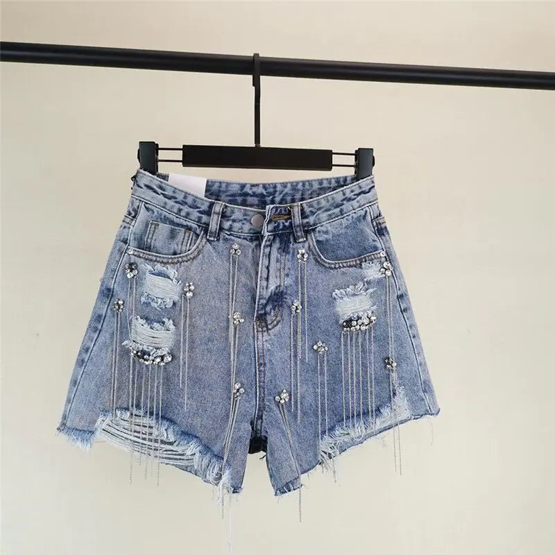 Tassel Rhinestone Denim Shorts Nestify