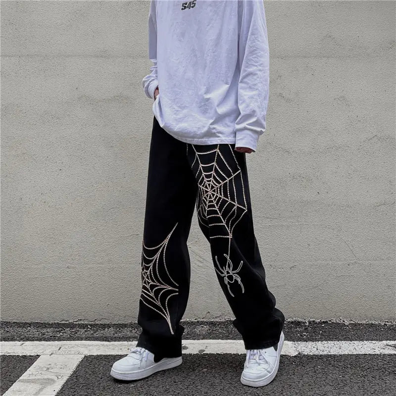 Men's Black Streetwear Spider Web Pants Nestify