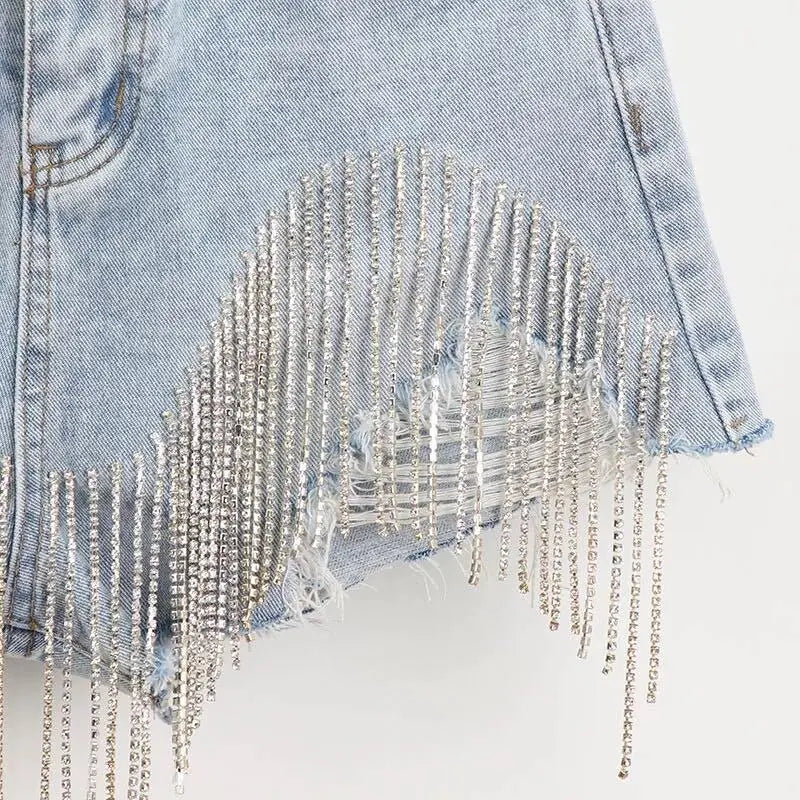 Tassel Rhinestone Denim Shorts Nestify